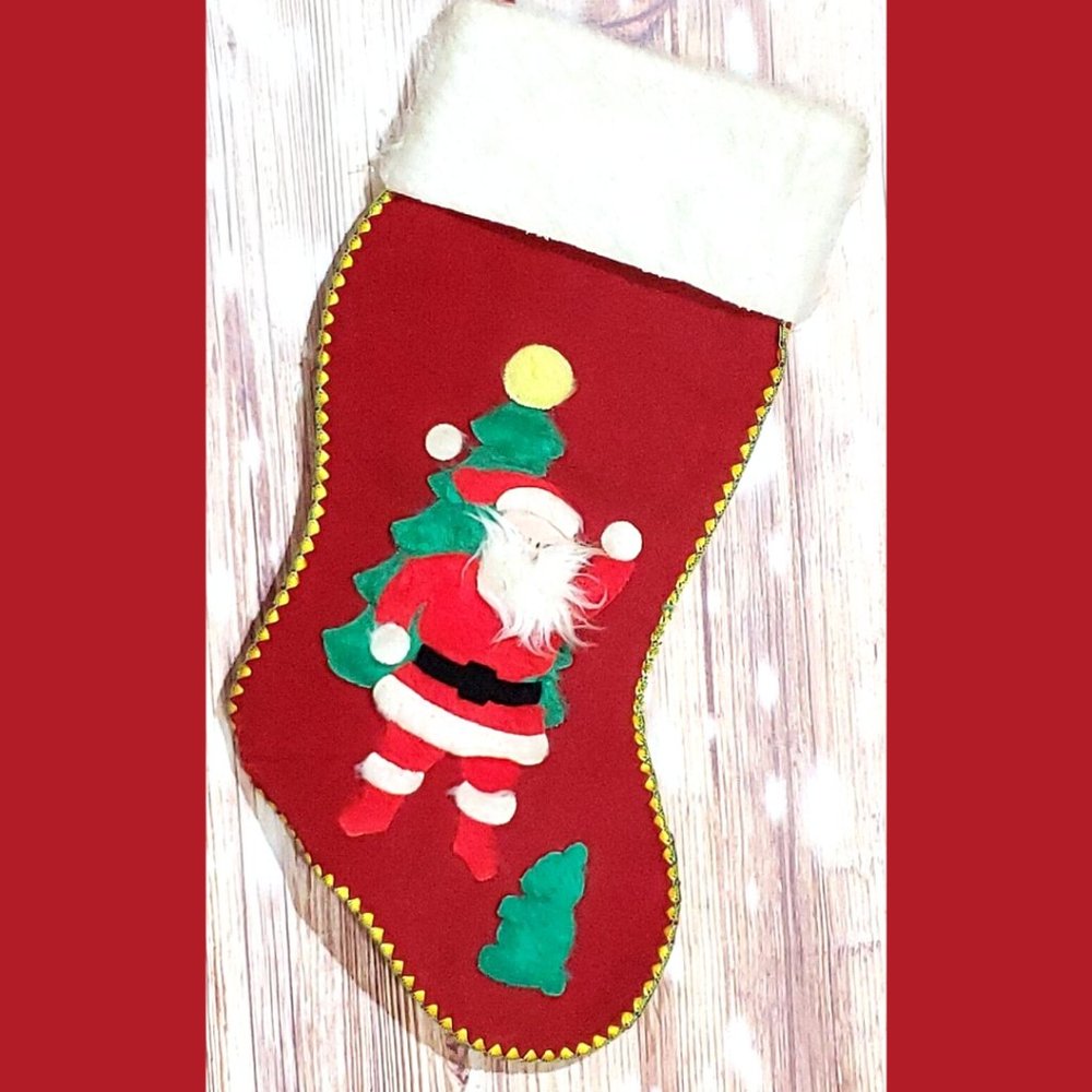 Hand Appliqued Velvetex Christmas Stocking Vintage 60's - 70's MCM Kitsch